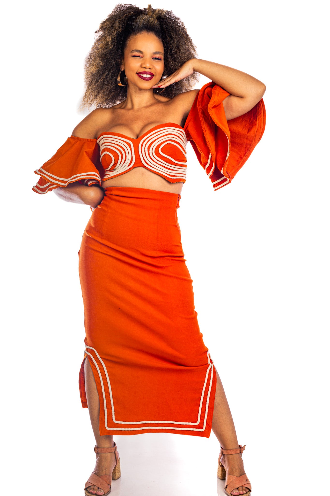 Nubian Queen Orange Pencil Skirt and Flair Crop Top Set – Maria Collection