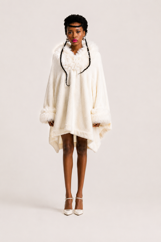 Ivory Faux-Fur Trim Hooded Poncho
