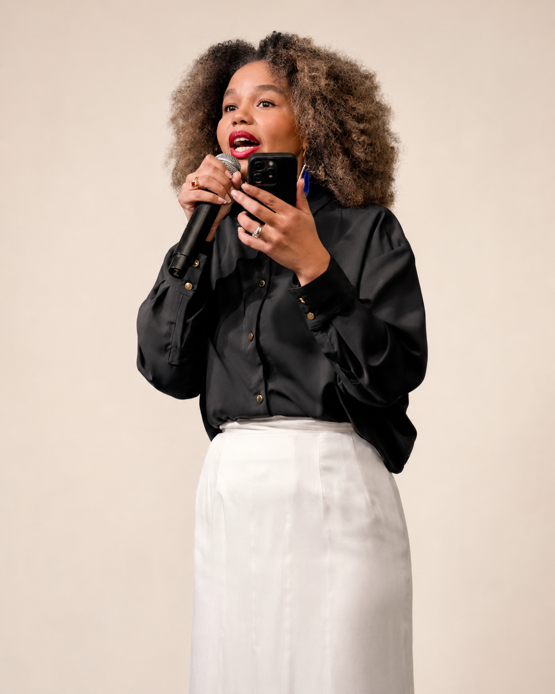 Black Silk Chiffon Gold-Button Shirt