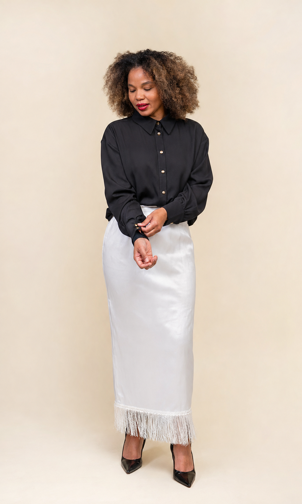 Black Silk Chiffon Gold-Button Shirt
