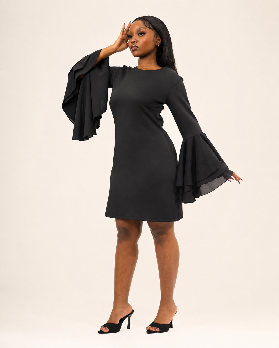 Sculpted Chiffon Sleeve Dress | Black