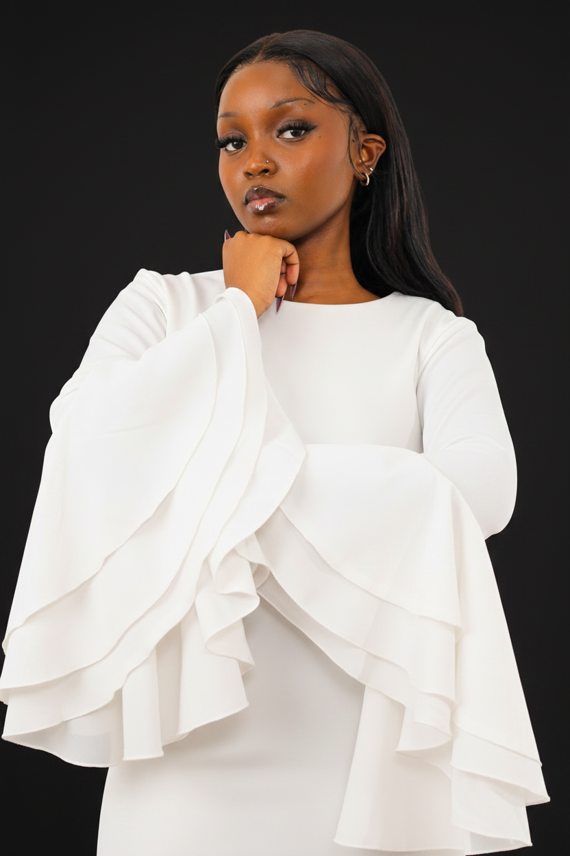 Sculpted Chiffon Sleeve Dress | White