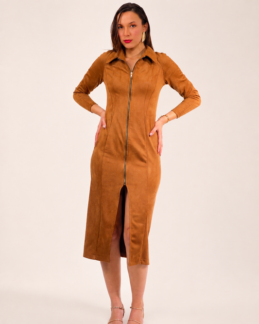 Caramel Suede Zip Dress