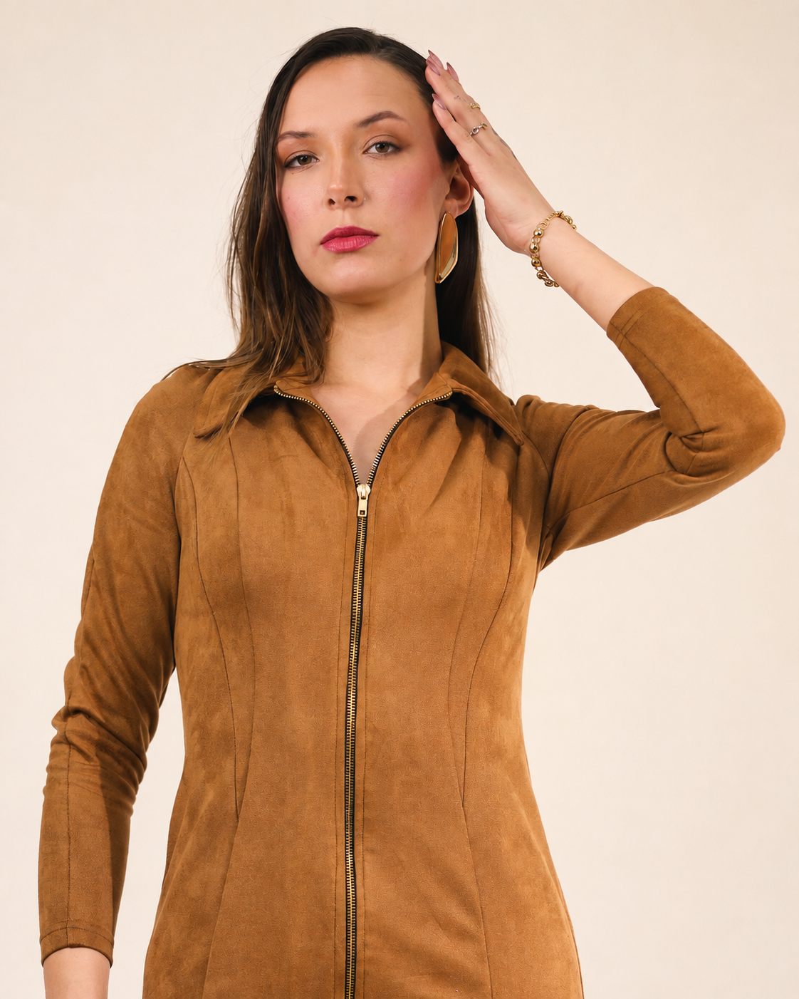 Caramel Suede Zip Dress