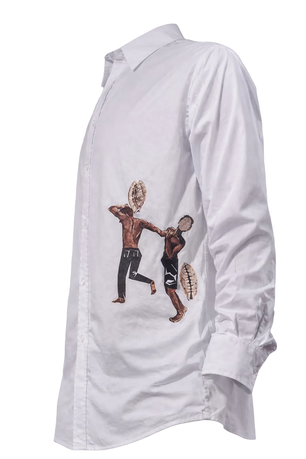 Men’s Shirt – Contemporary African Streetwear | Brito Wata  (Long Sleeve Shirt – White | Two African Boys Under the Brazilian Sun)