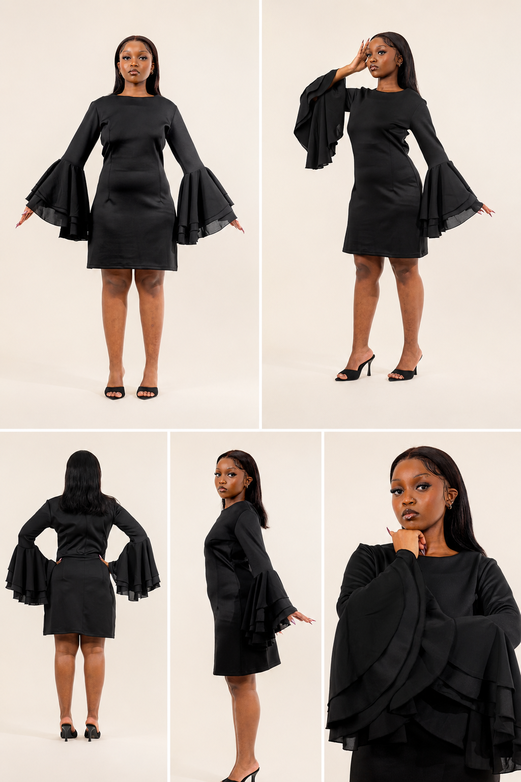 Sculpted Chiffon Sleeve Dress | Black