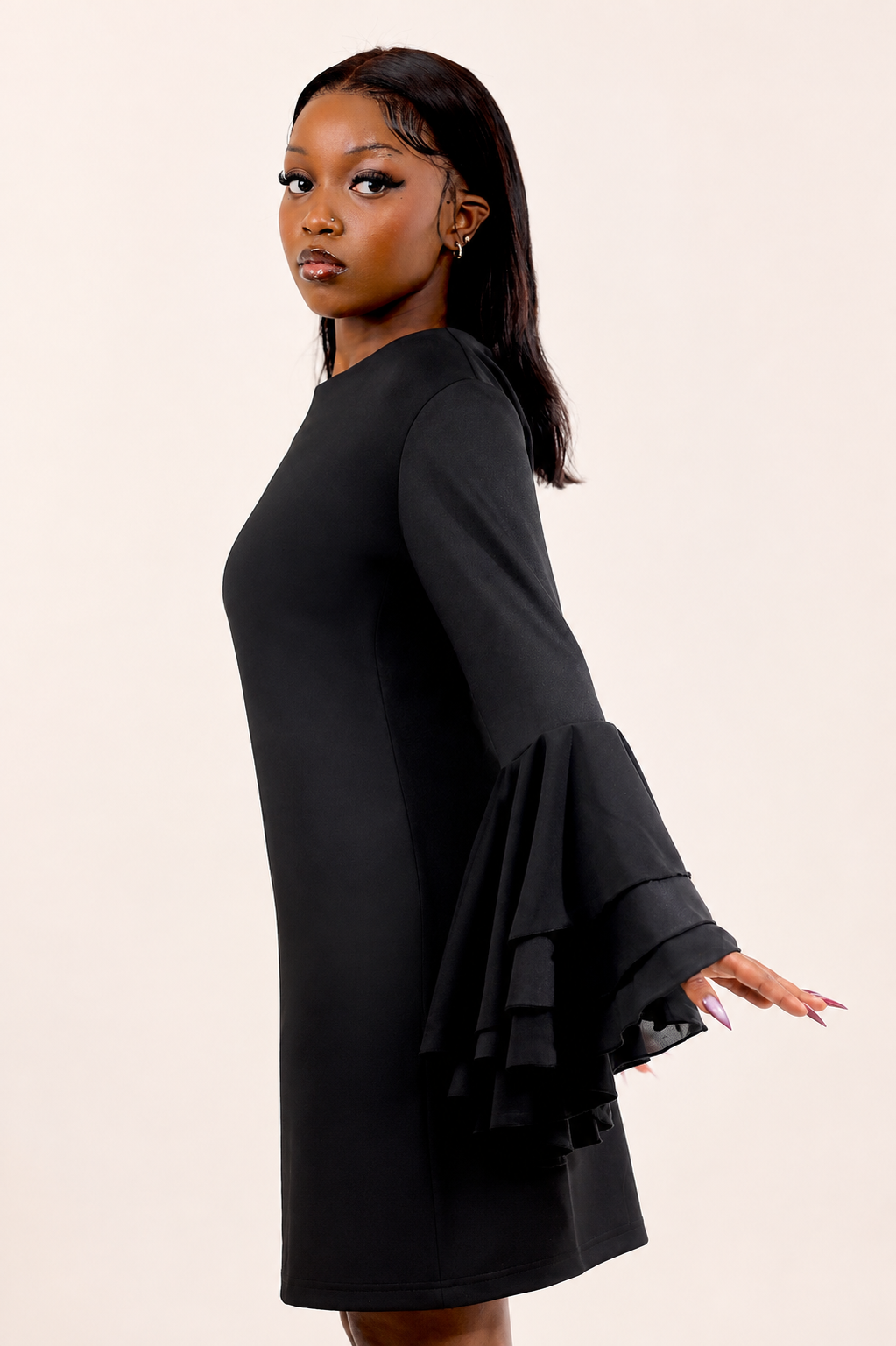 Sculpted Chiffon Sleeve Dress | Black