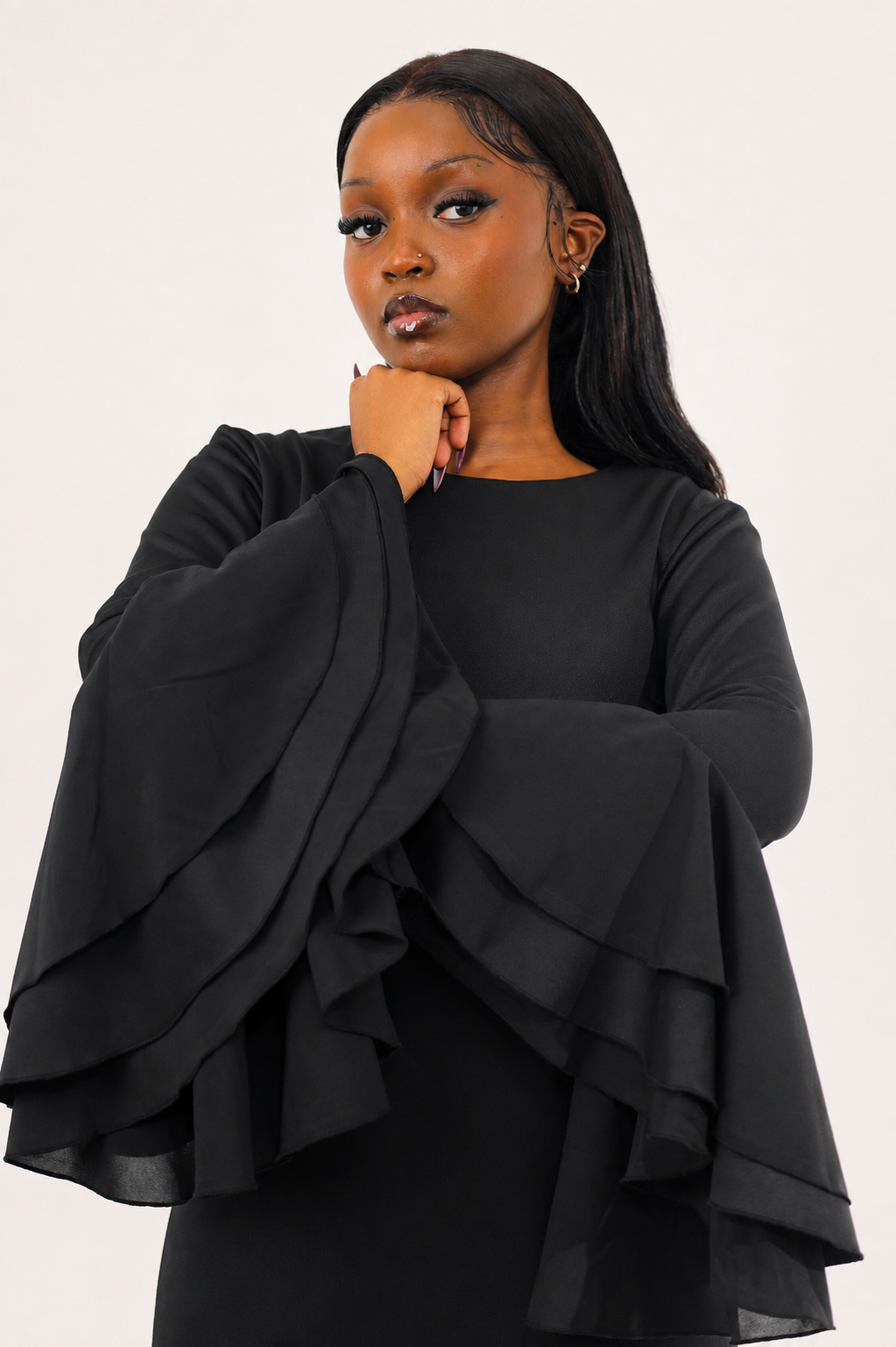 Sculpted Chiffon Sleeve Dress | Black