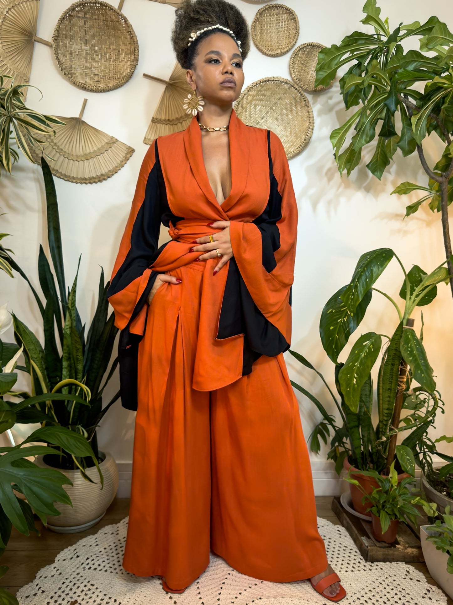 Women's Orange African Flow Set – Exclusive Trousers and Kimono