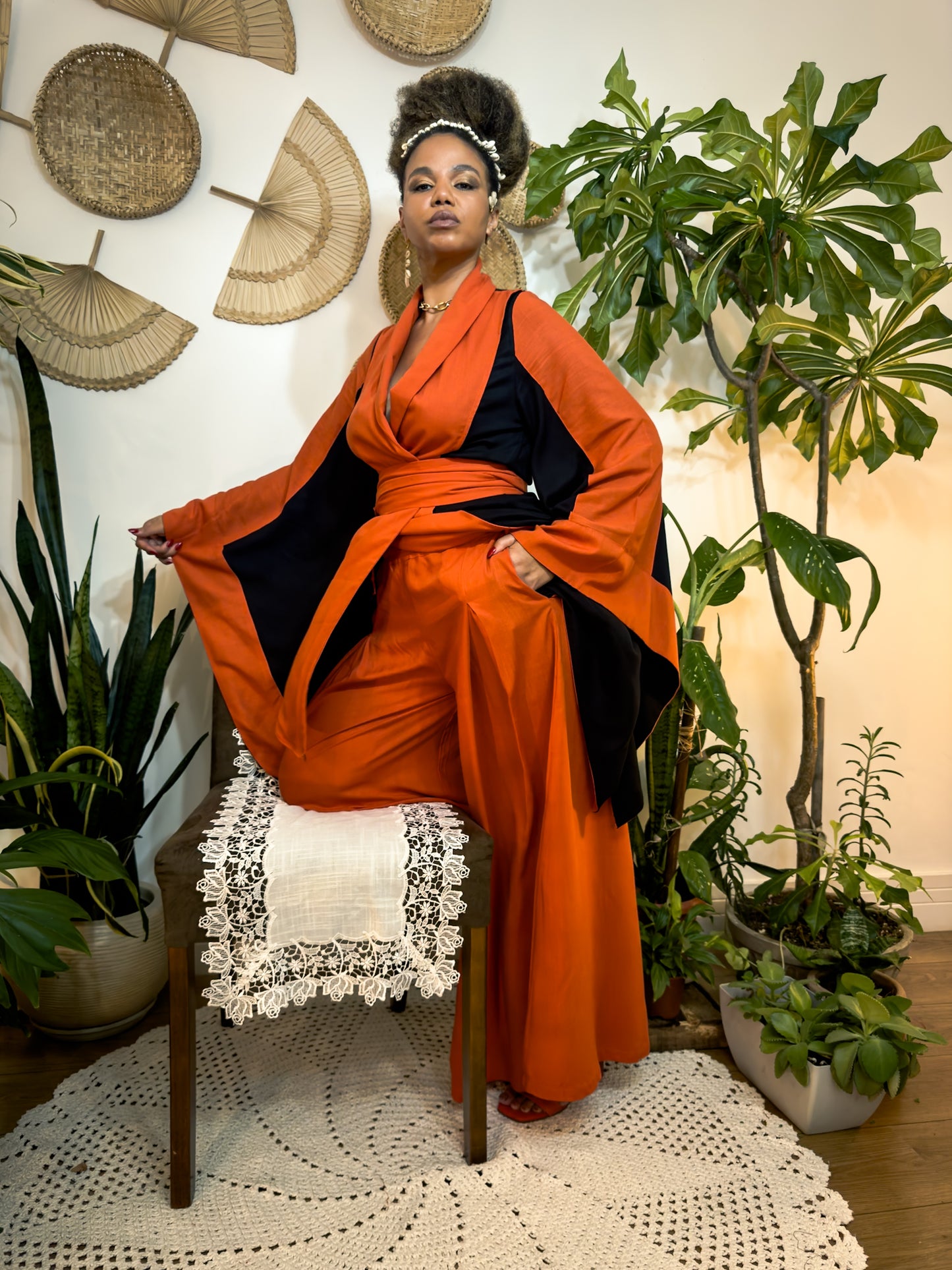 Women's Orange African Flow Set – Exclusive Trousers and Kimono