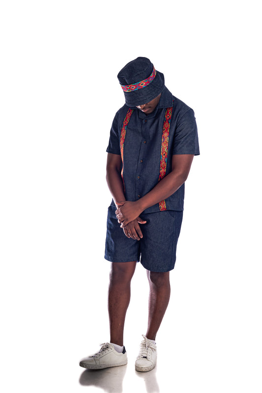 Men's streetwear shirt and denim shorts set