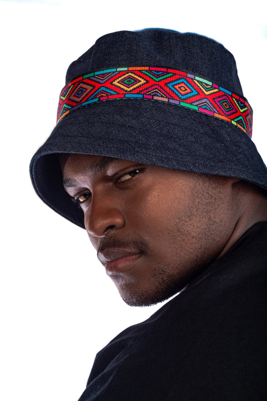 Unisex Denim Bucket Hat with Removable Ethnic Band – Streetwear with African Identity