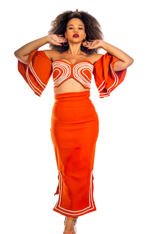 Nubian Queen Orange Pencil Skirt and Flair Crop Top Set – Maria Collection